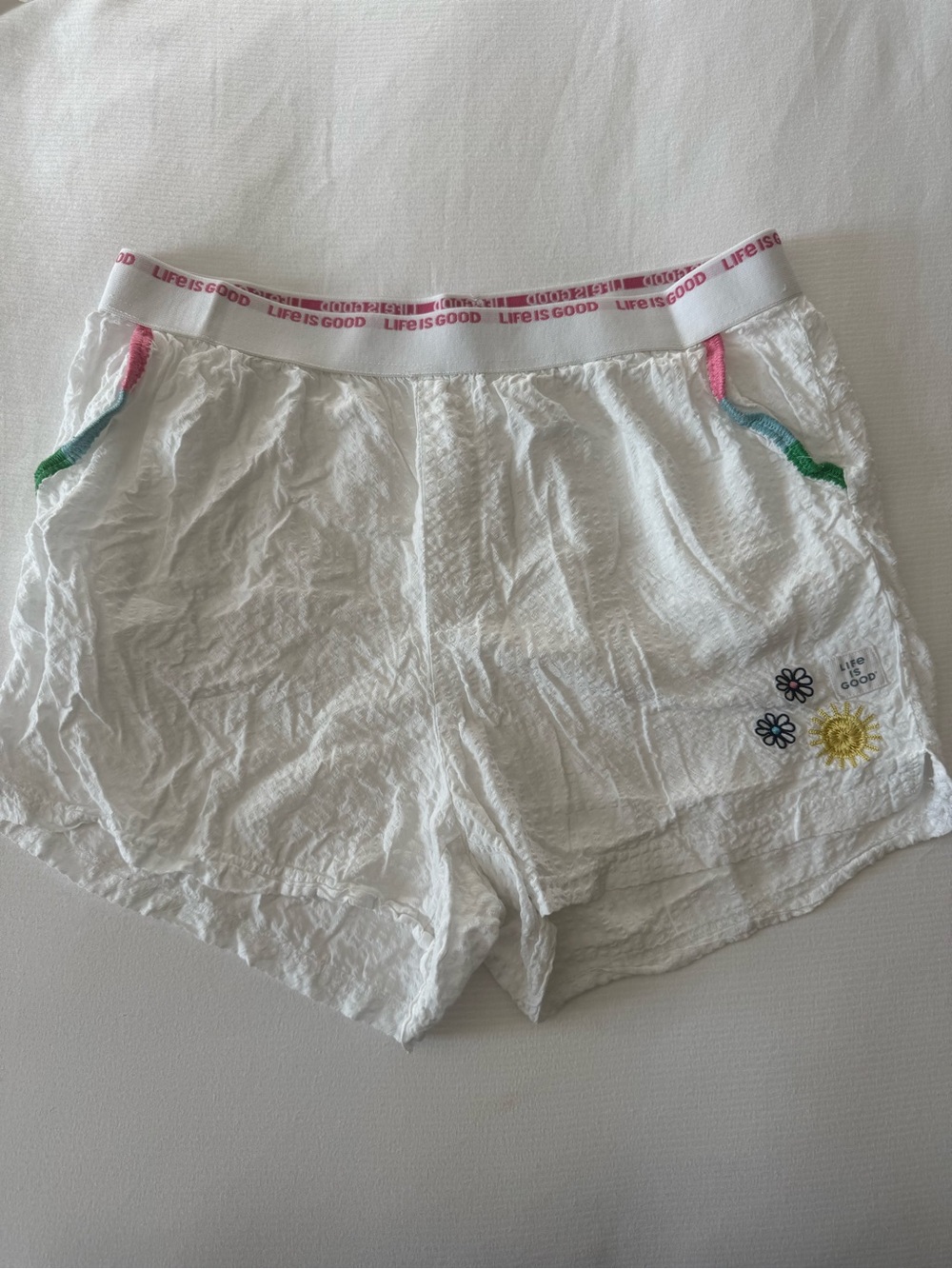 Life Is Good White Cotton Sleep Shorts with Pink Waistband and Multicolor Trim